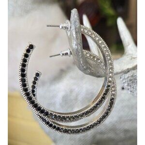 Silver & Black Crystal Hoop Earrings 2" Pave Set Clear Black Hematite